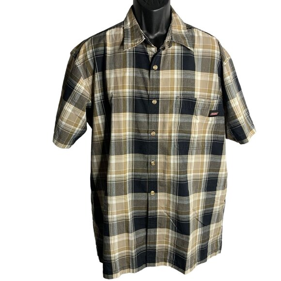 Dickies Button Up Short Sleeve Shirt XL Brown Plaid Chest Pocket Straight Hem - Picture 1 of 6